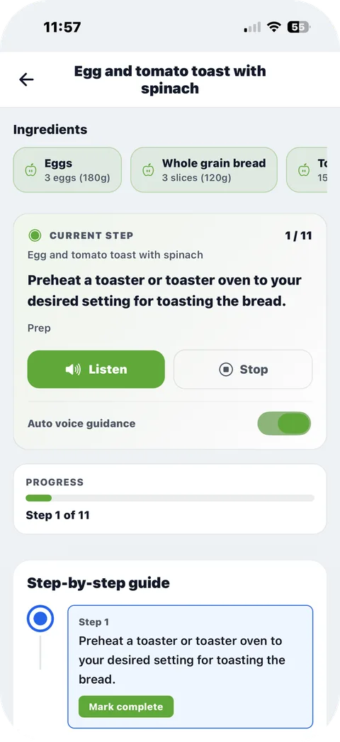Cooking Coach: the current recipe step, read aloud