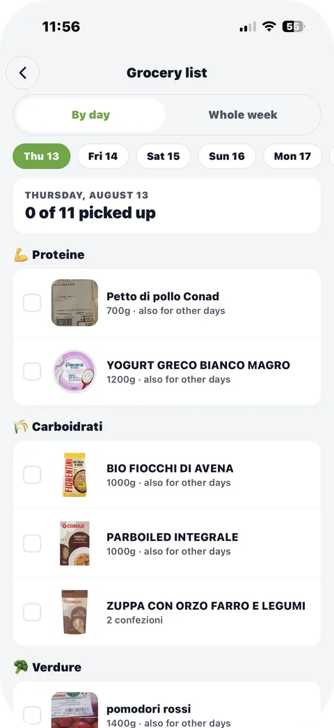 Grocery list sorted by day, with real supermarket products