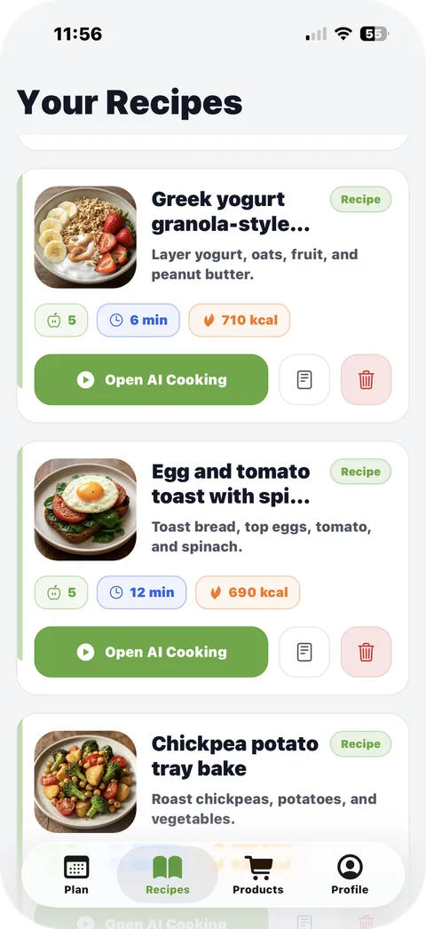 Your Recipes screen with saved recipes and the Open AI Cooking button