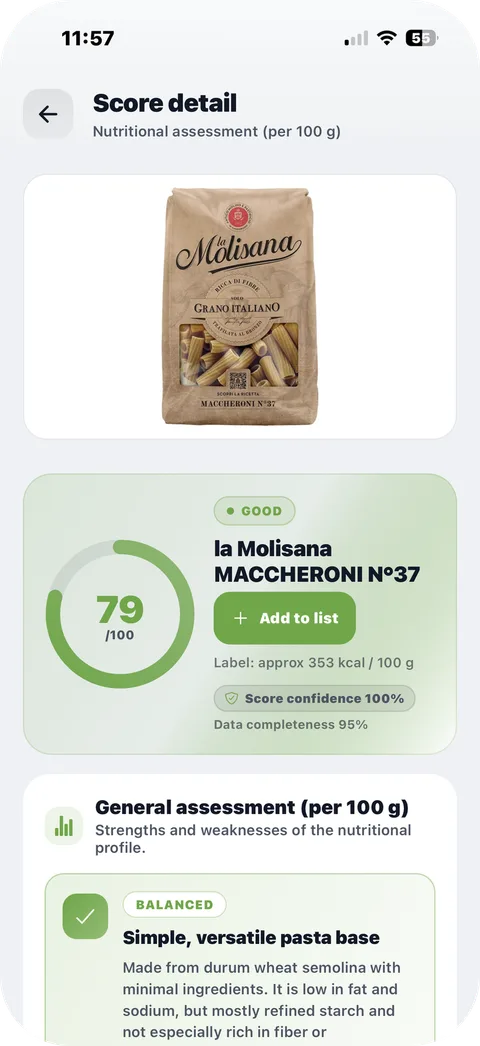A product's score detail: 79 out of 100, with strengths and weaknesses