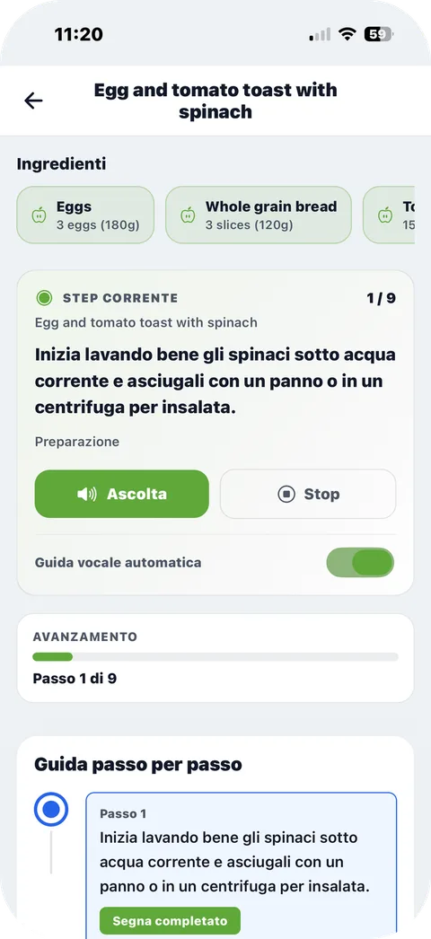 Cooking Coach: il passaggio corrente della ricetta, con lettura ad alta voce