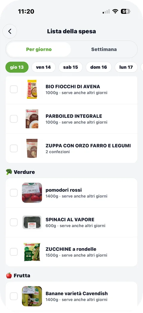 Lista della spesa divisa per giorno, con prodotti reali del supermercato
